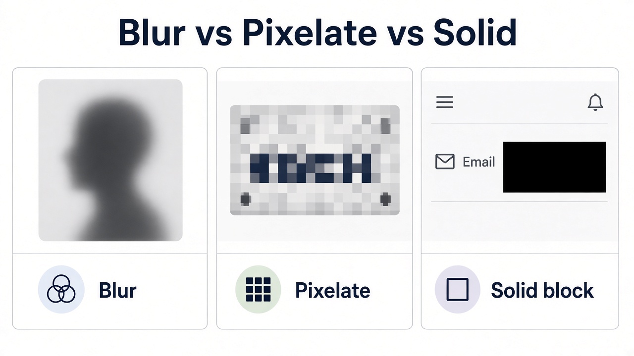 Comparison of blur, pixelate, and solid block redaction styles for faces, plates, and screenshot text