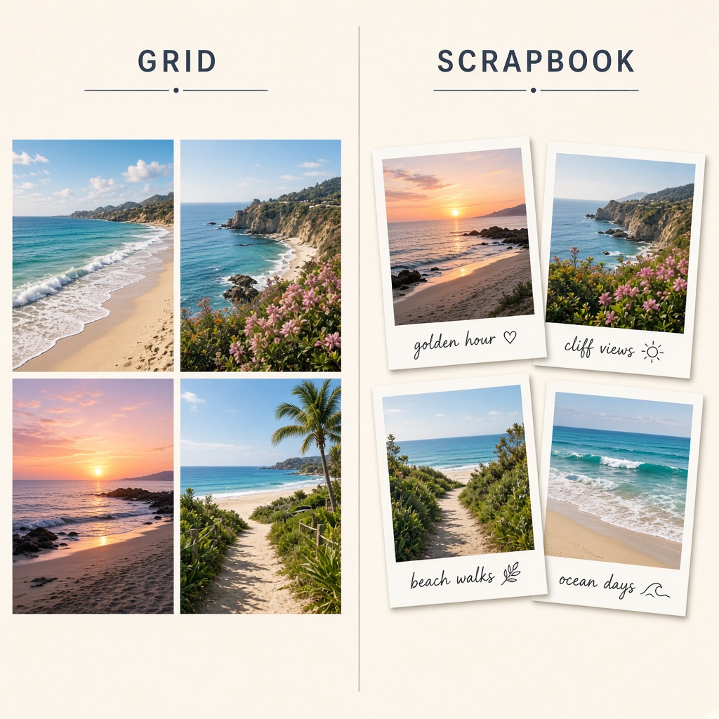 Comparison of a neat 2x2 photo grid versus a scrapbook collage with tilted overlapping polaroids