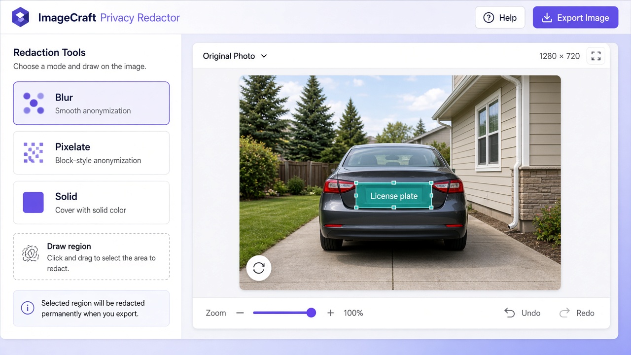 ImageCraft Privacy Redactor editor with blur, pixelate, and solid modes and a region drawn over a license plate