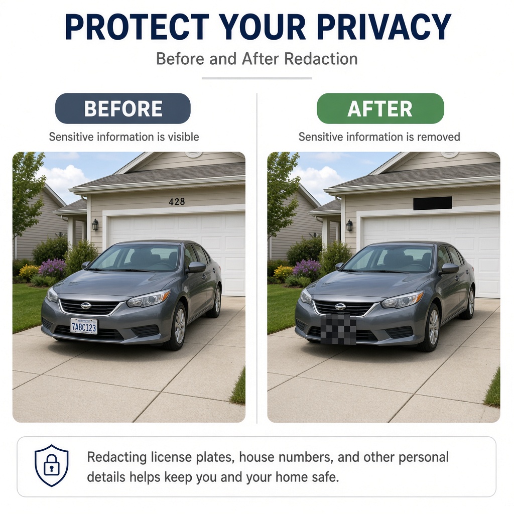 Before and after: driveway car photo with a readable license plate, then the same photo with the plate pixelated and house number blocked