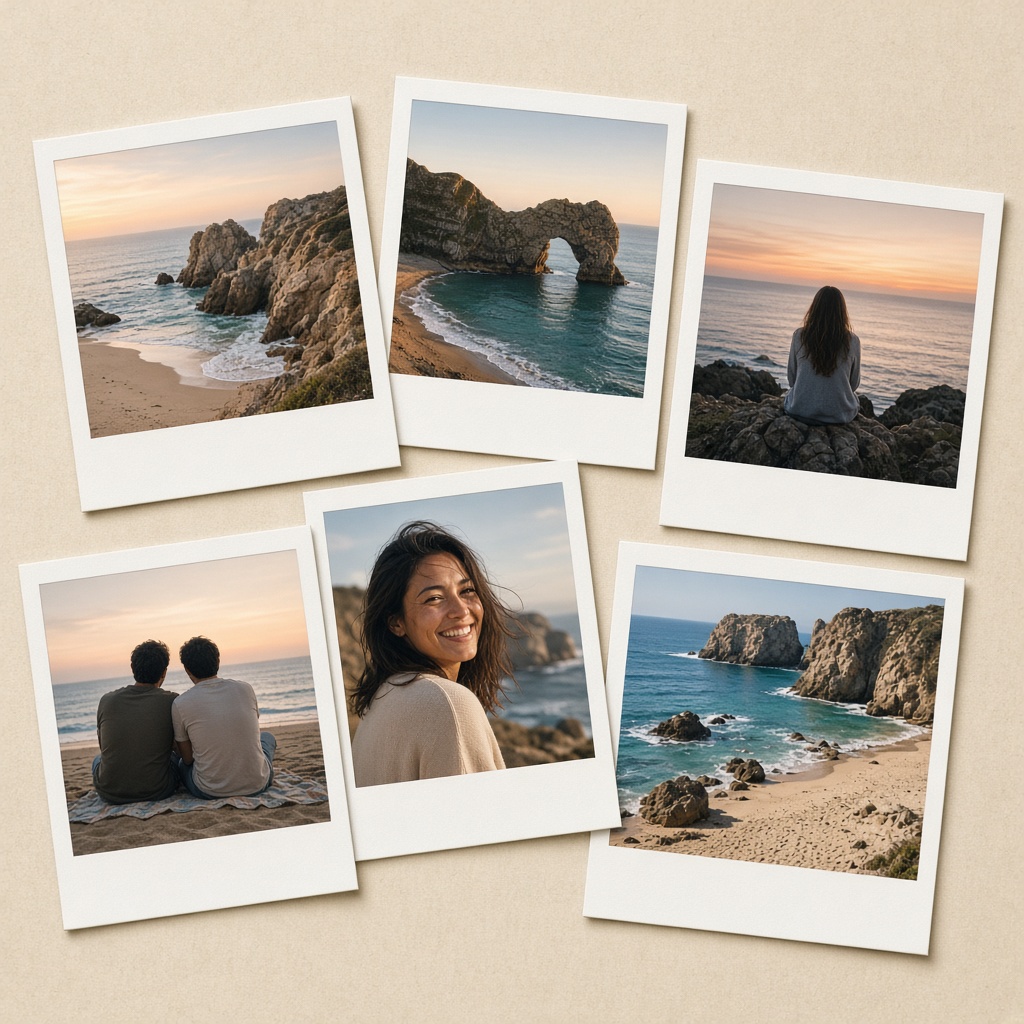 Finished scrapbook collage of vacation polaroid photos overlapping on a beige background